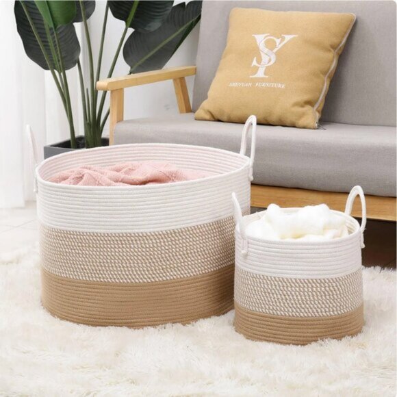 CASA LIFE DESIGNS Large Storage Durable Basket W Handles Brown White 14